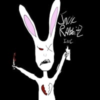 a cartoon bunny with a knife in his mouth